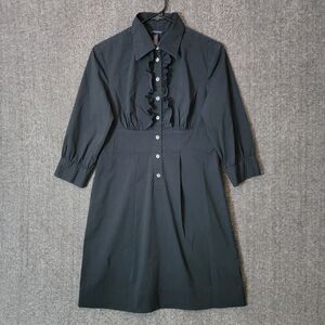 Banana Republic Shirt Dress Womens 4 Black 3/4 Sleeve Ruffled Knee Length